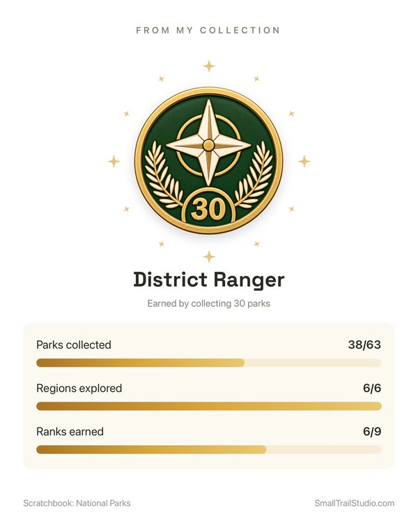 A Scratchbook rank card for District Ranger, earned by collecting 30 parks, with 38 of 63 parks, 6 of 6 regions and 6 of 9 ranks