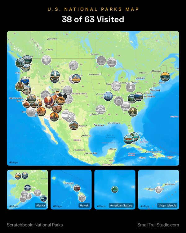 A Scratchbook poster: a U.S. National Parks map, 38 of 63 visited, with badges pinned across the lower 48 and insets for Alaska, Hawaii, American Samoa and the Virgin Islands