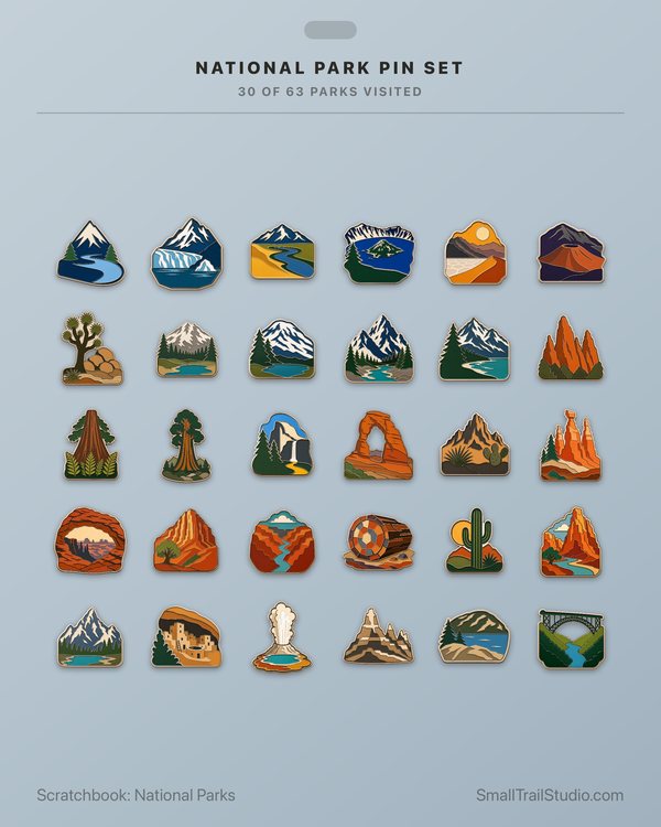 A Scratchbook National Park Pin Set poster: 30 enamel park pins, 30 of 63 parks visited