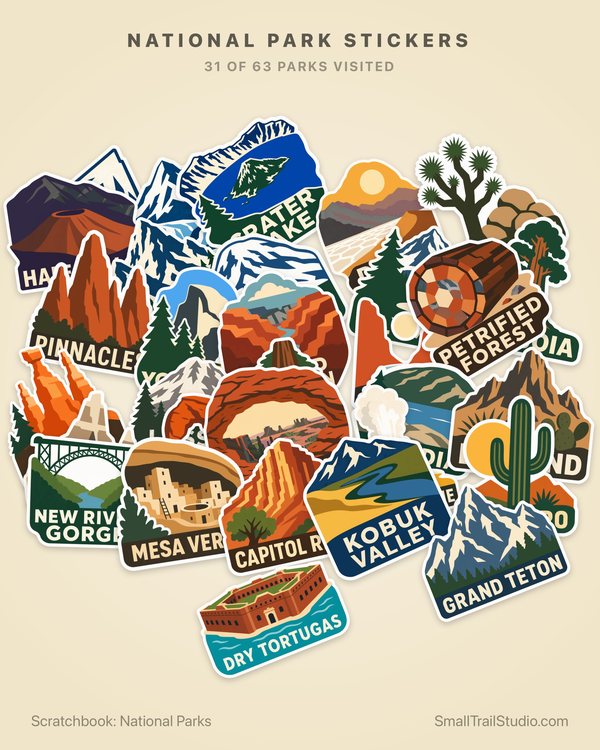 A Scratchbook National Park Stickers poster: a pile of 31 park stickers, 31 of 63 parks visited