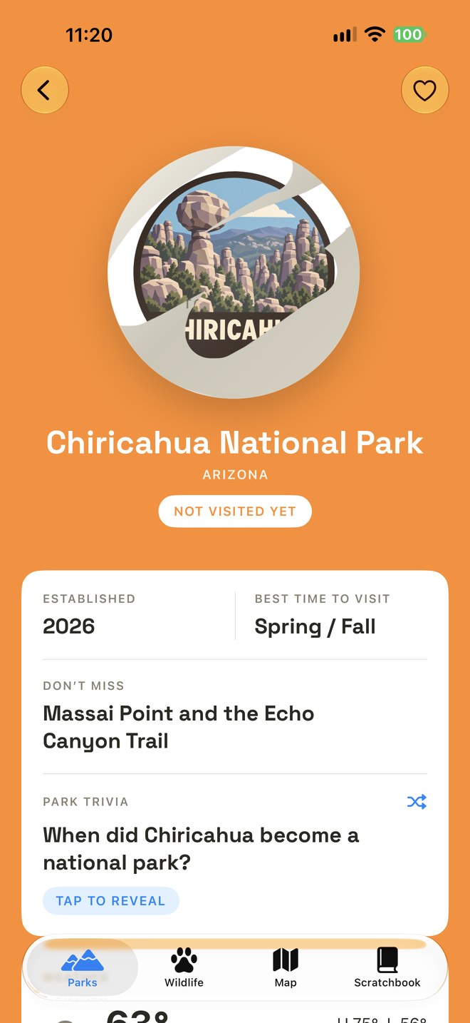 Scratchbook screenshot: a partly scratched Chiricahua badge, park facts, visiting tips, and trivia