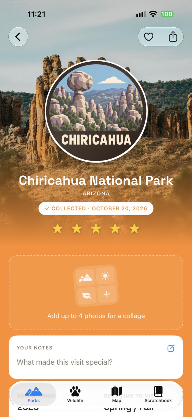 Scratchbook screenshot: collected Chiricahua badge over its rock-spire photo, with a visit date, rating, and photo area