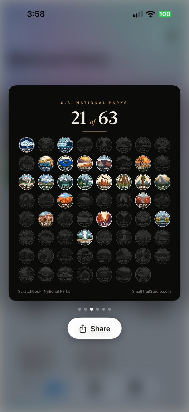 Scratchbook screenshot: the U.S. National Parks poster, 21 of 63 collected, with the collected badges in color and the rest in shadow