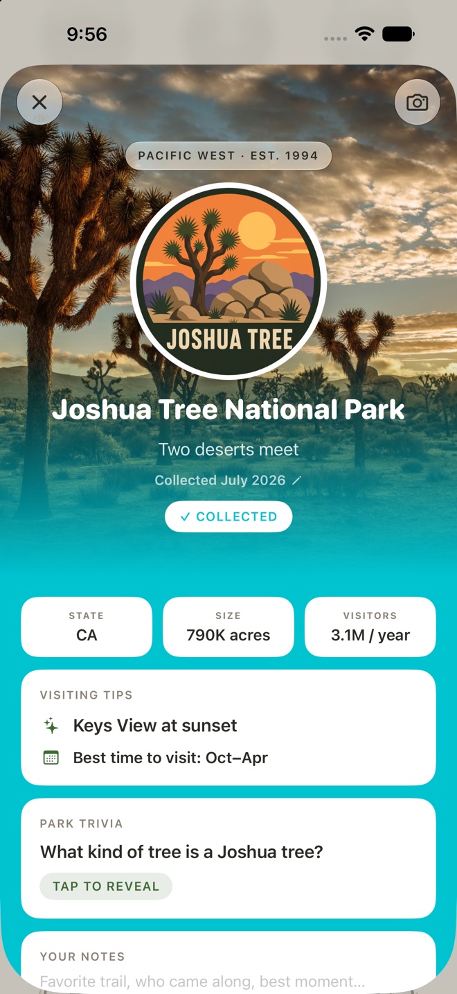 Scratchbook screenshot: Joshua Tree collected, with visiting tips and park trivia