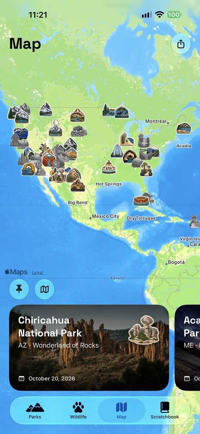 Scratchbook screenshot: collected park badges pinned across a map of the U.S., above a card for Bryce Canyon