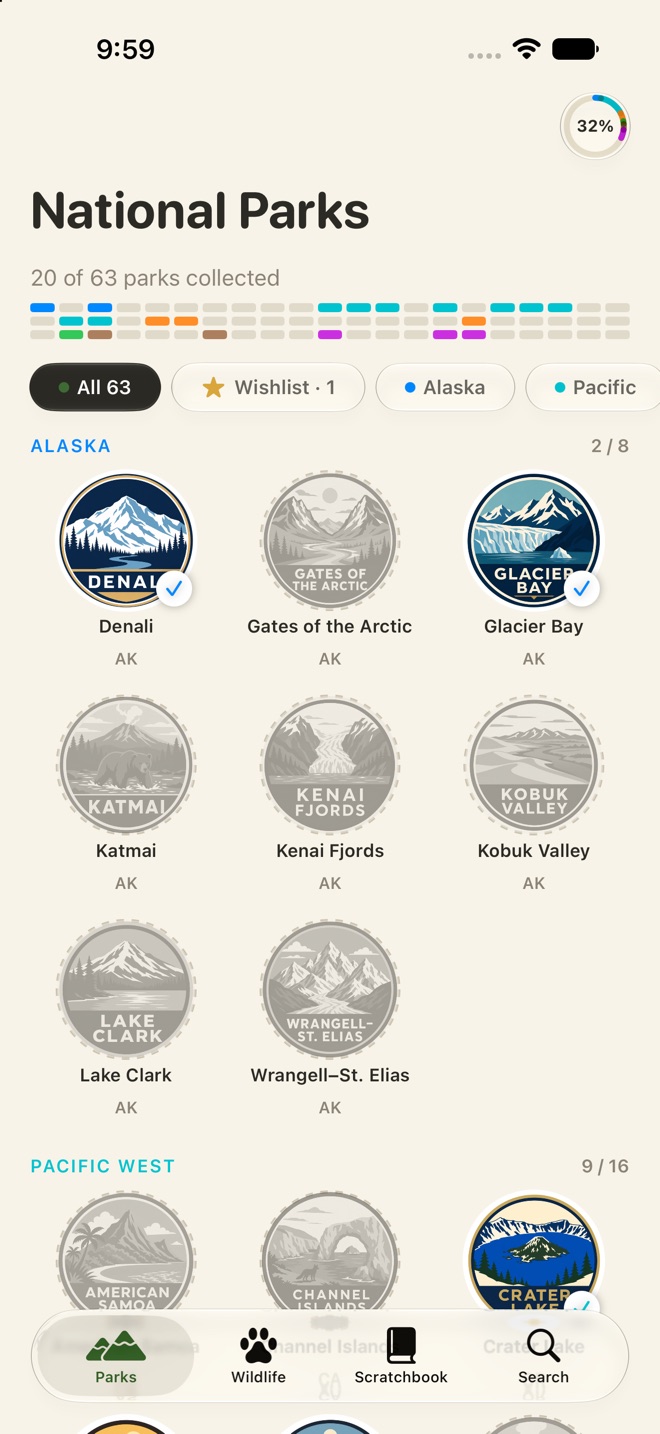 Scratchbook screenshot: the National Parks grid with 20 of 63 collected