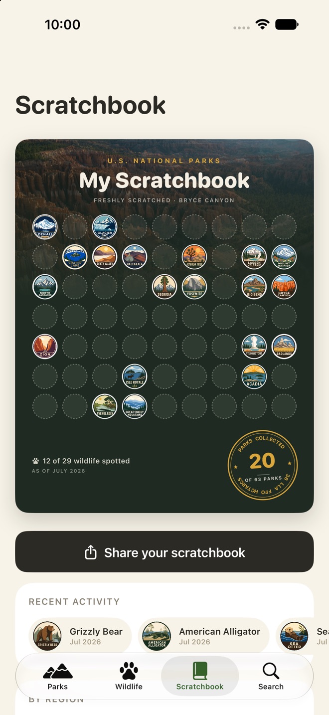 Scratchbook screenshot: the My Scratchbook passport card with 20 parks collected