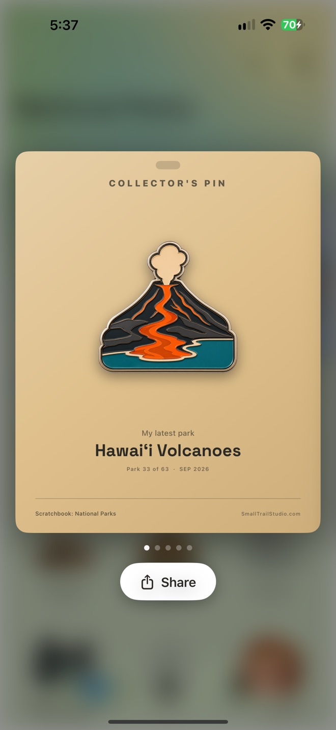 Scratchbook screenshot: a Collector's Pin share card for Hawaiʻi Volcanoes, ready to share