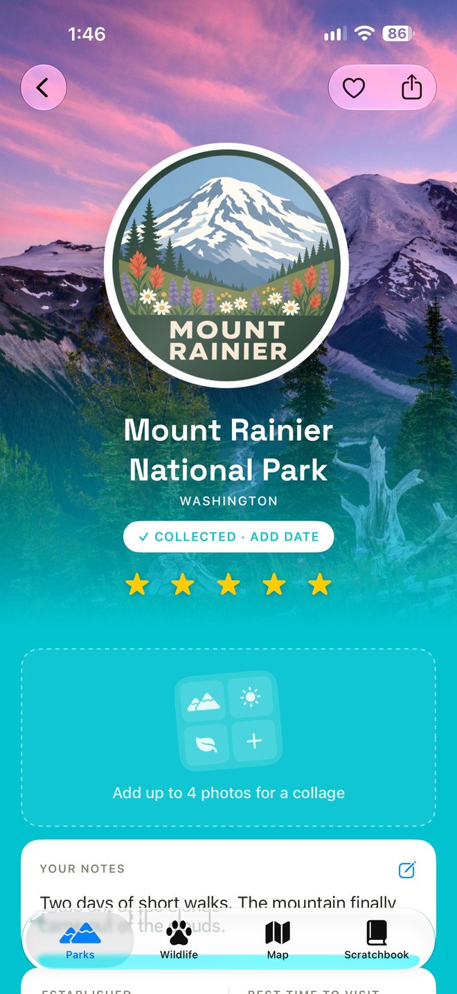 Scratchbook screenshot: Mount Rainier, collected on September 8, 2026, with its state, the year it was established, the best time to visit, and what not to miss