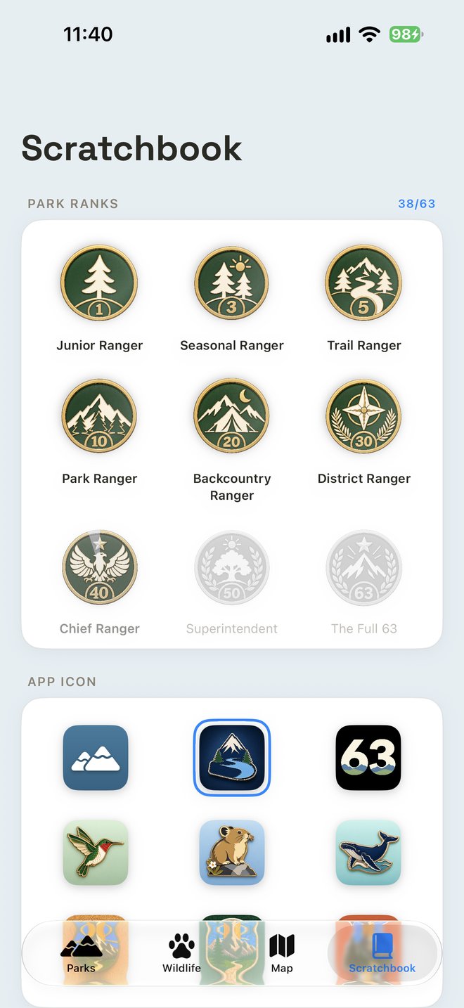 Scratchbook screenshot: park ranks from Junior Ranger to The Full 63, with Chief Ranger earned, above the app icon picker