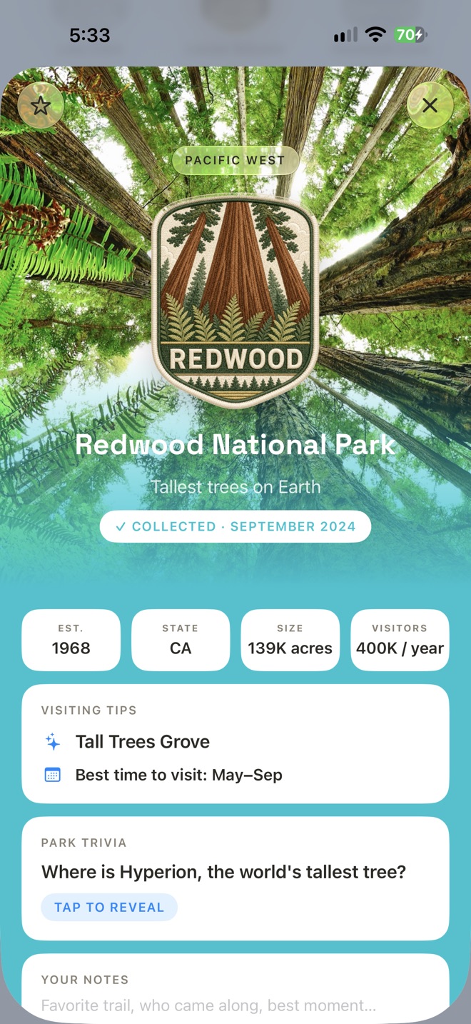 Scratchbook screenshot: Redwood collected in September 2024, with its size, yearly visitors, visiting tips and park trivia