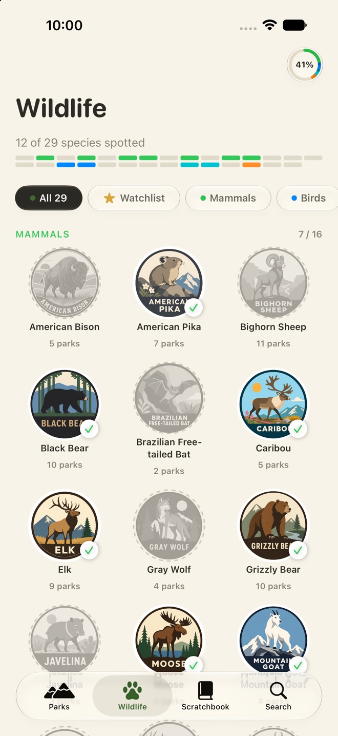 Scratchbook screenshot: the Wildlife grid with 12 of 29 species spotted